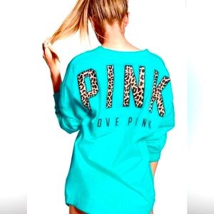 RARE Victorias Secret Pink teal varsity leopard print oversized shirt top blouse